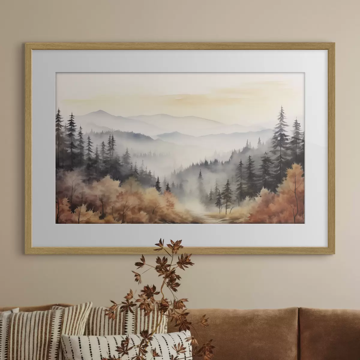 Poster Hermosas montañas de niebla, bosque de otoño, acuarela f41646