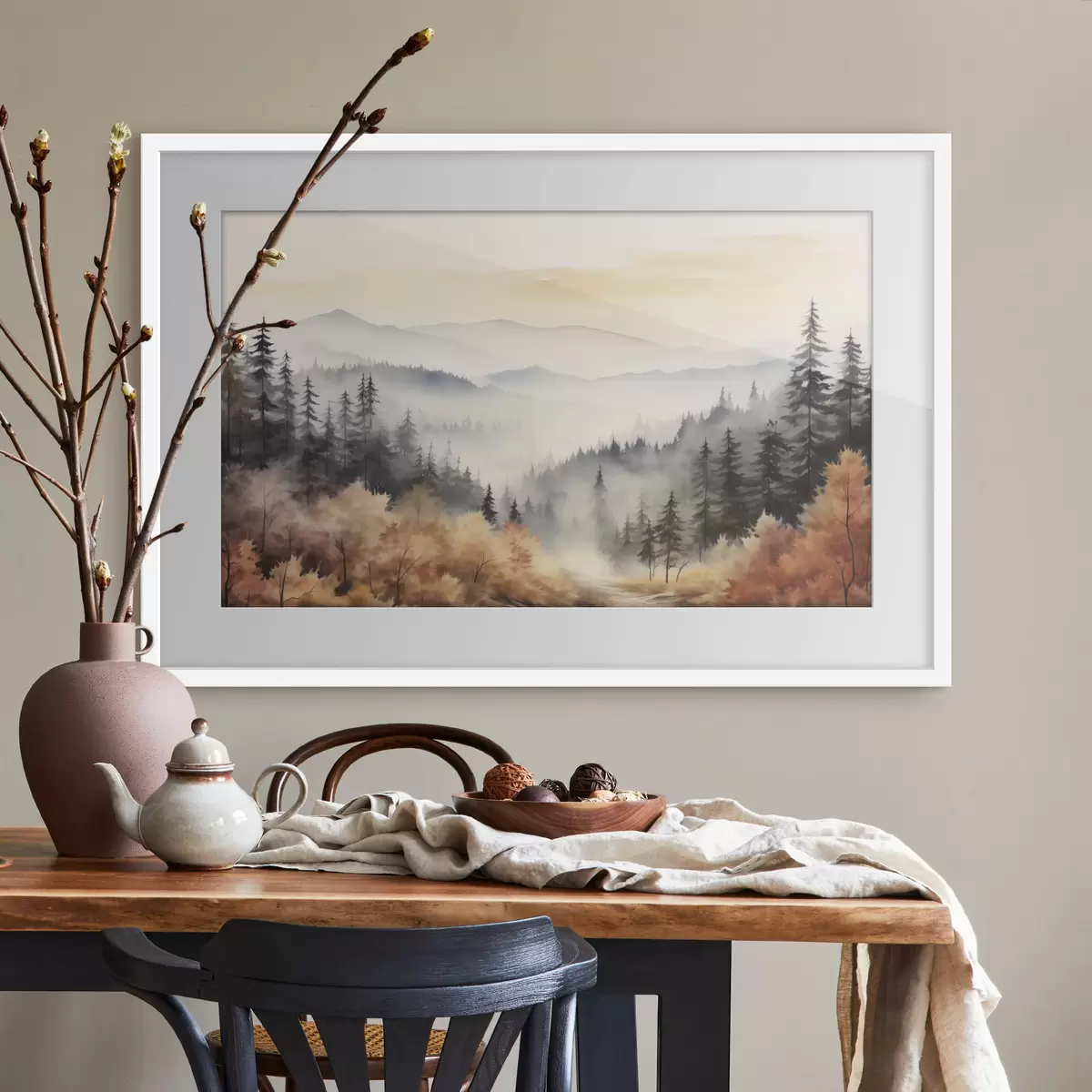 Poster Hermosas montañas de niebla, bosque de otoño, acuarela f41646