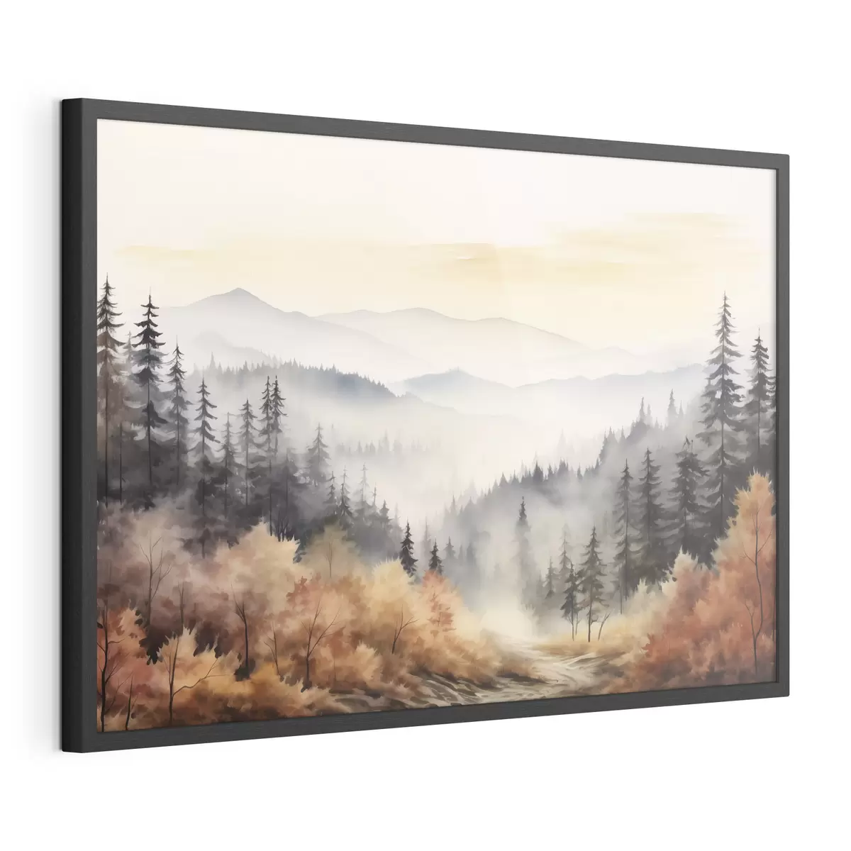 Poster Hermosas montañas de niebla, bosque de otoño, acuarela f41646