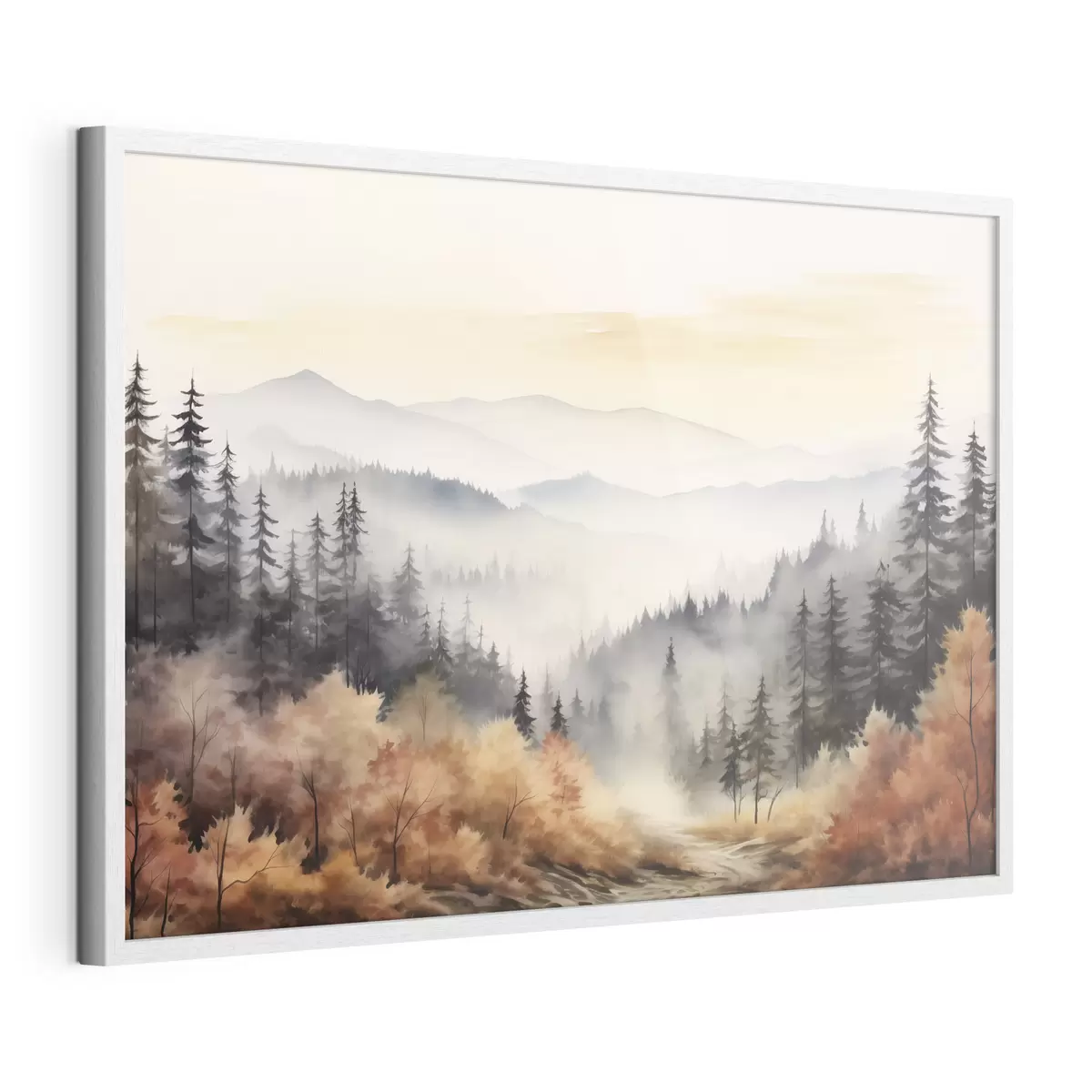 Poster Hermosas montañas de niebla, bosque de otoño, acuarela f41646
