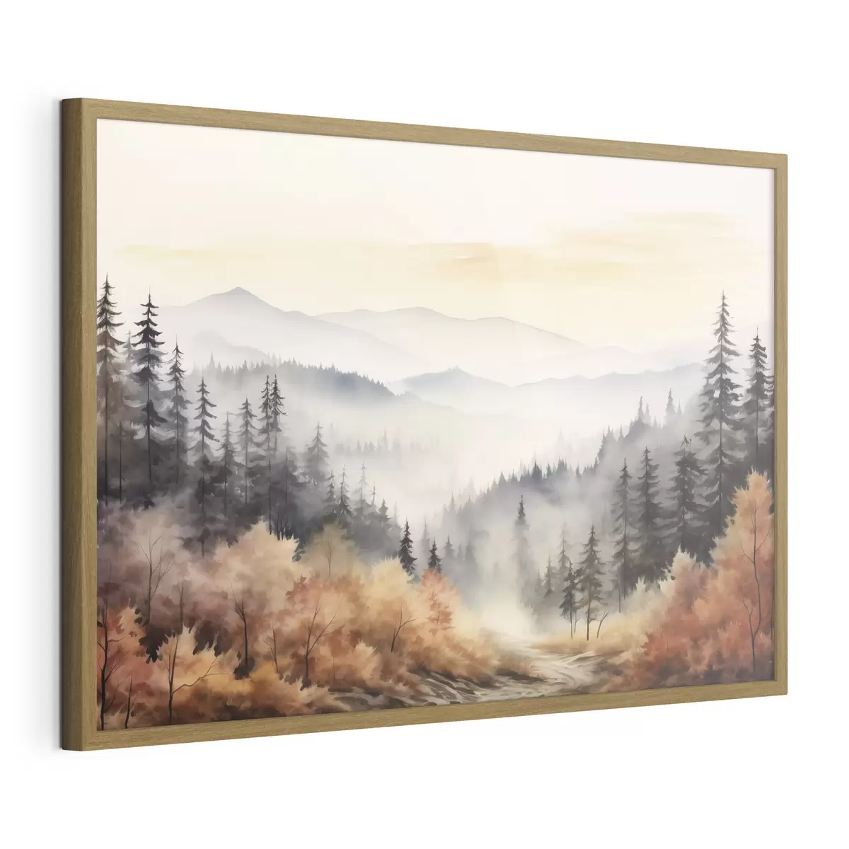 Poster Hermosas montañas de niebla, bosque de otoño, acuarela f41646