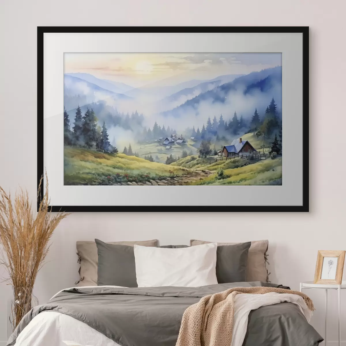 Poster Aldea de los Cárpatos en las montañas de niebla, bosque, acuarela f41648