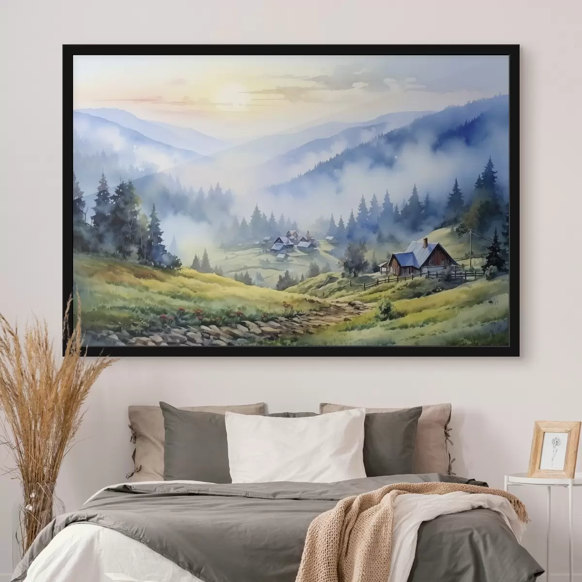 Poster Aldea de los Cárpatos en las montañas de niebla, bosque, acuarela f41648