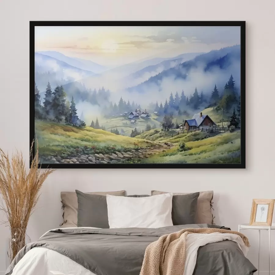 murales de pared Aldea de los Cárpatos en las montañas de niebla, bosque, acuarela f41648