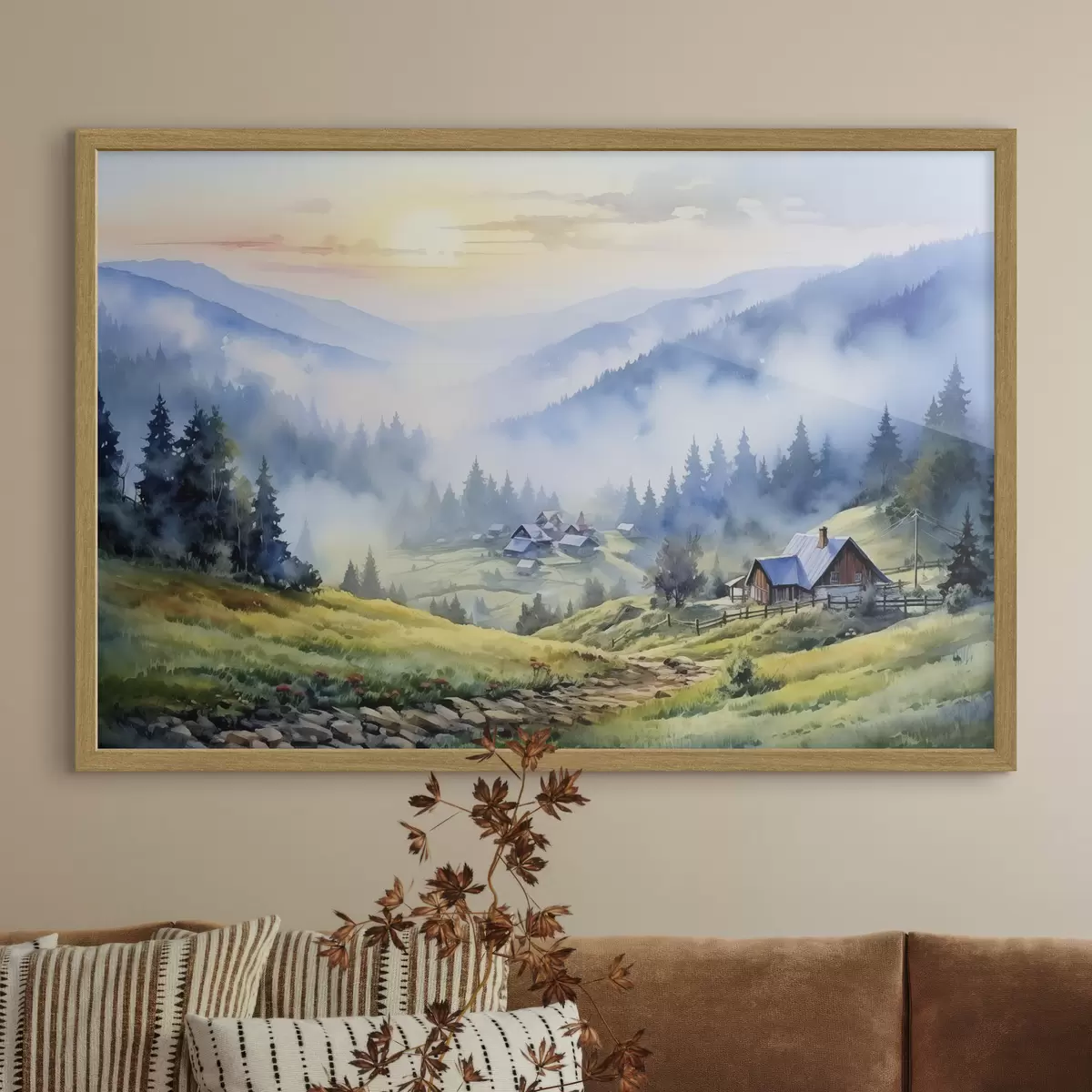 Poster Aldea de los Cárpatos en las montañas de niebla, bosque, acuarela f41648