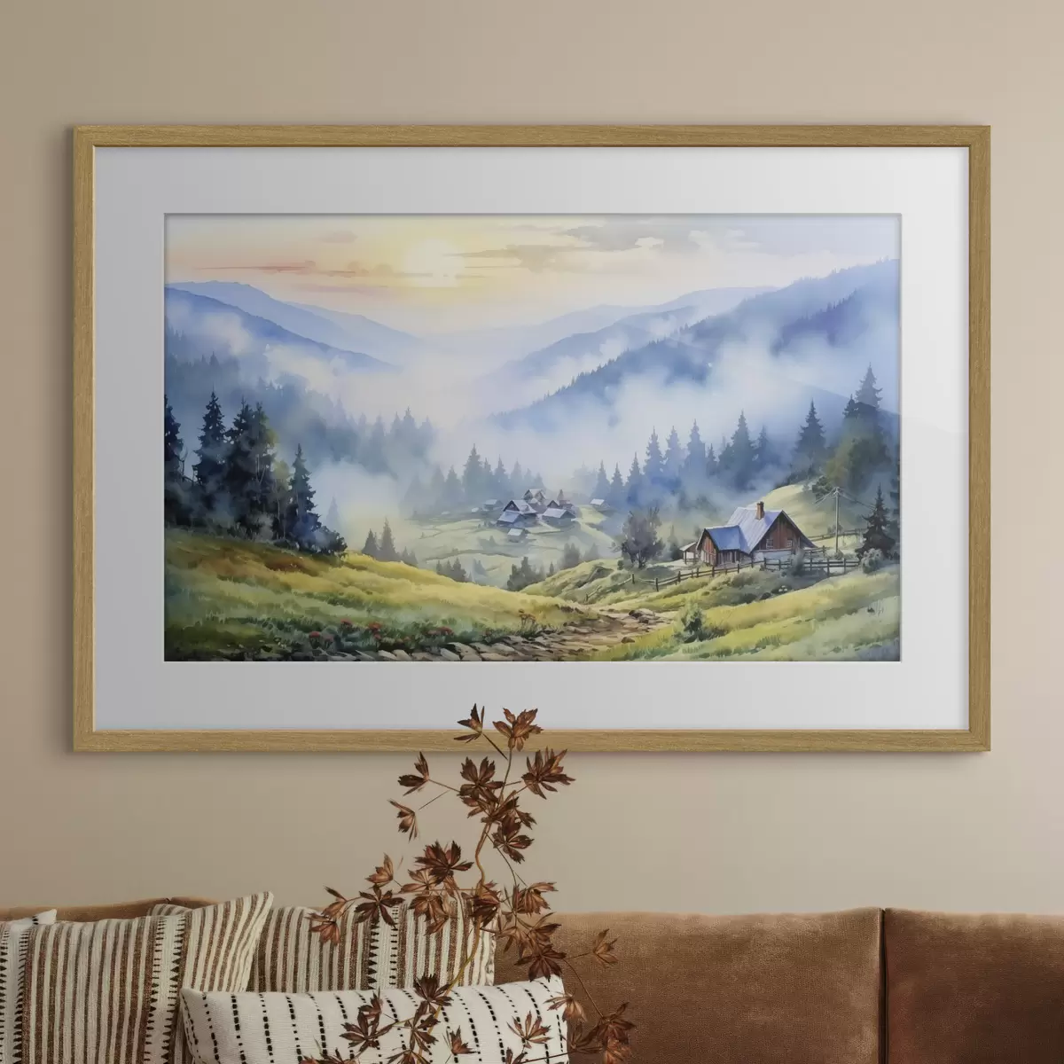 Poster Aldea de los Cárpatos en las montañas de niebla, bosque, acuarela f41648