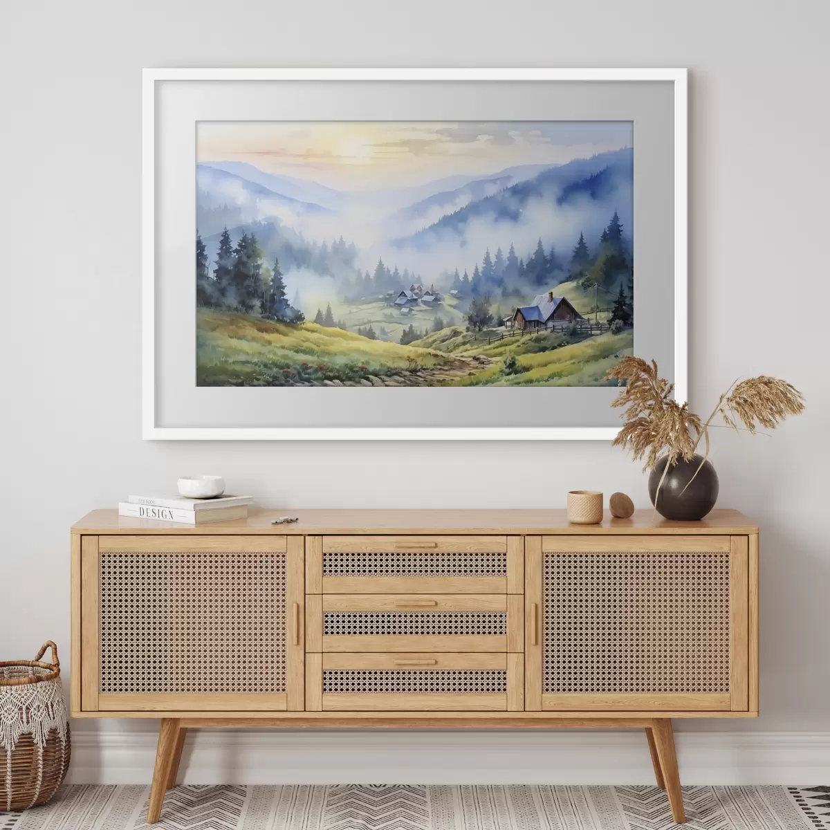 Poster Aldea de los Cárpatos en las montañas de niebla, bosque, acuarela f41648