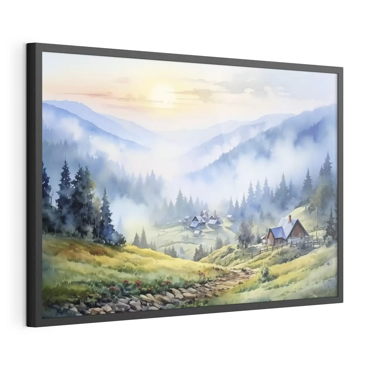 Poster Aldea de los Cárpatos en las montañas de niebla, bosque, acuarela f41648