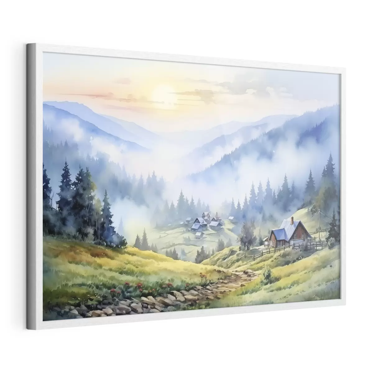 Poster Aldea de los Cárpatos en las montañas de niebla, bosque, acuarela f41648