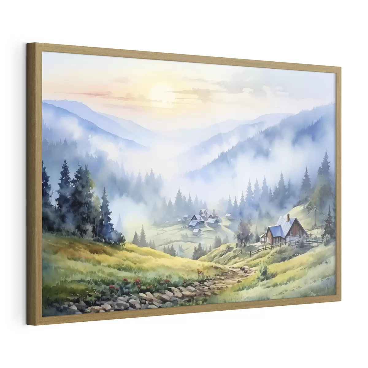 Poster Aldea de los Cárpatos en las montañas de niebla, bosque, acuarela f41648