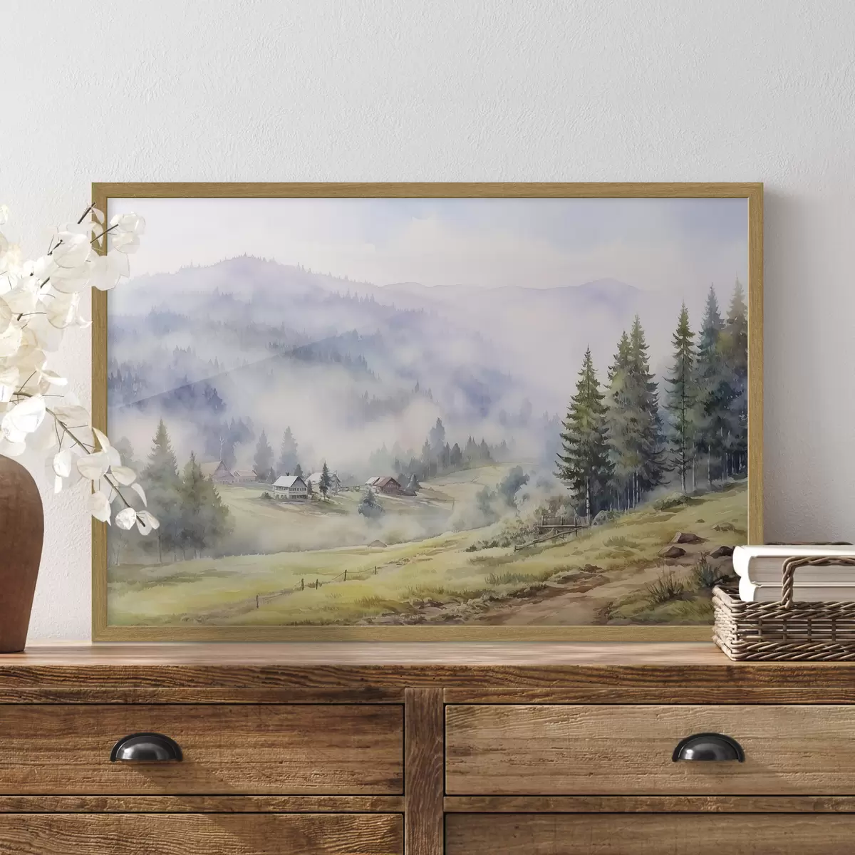 Poster Hermosas montañas, paisajes de bosques brumosos, acuarela, pueblo f41649
