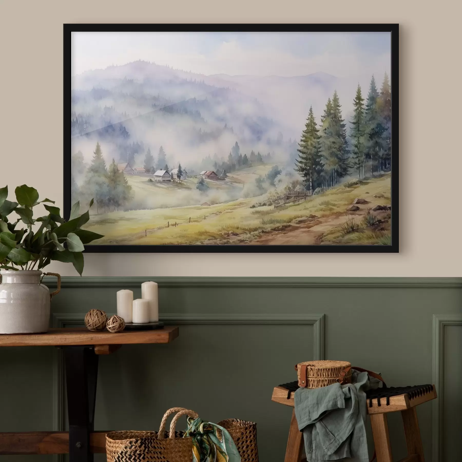 murales de pared Hermosas montañas, paisajes de bosques brumosos, acuarela, pueblo f41649