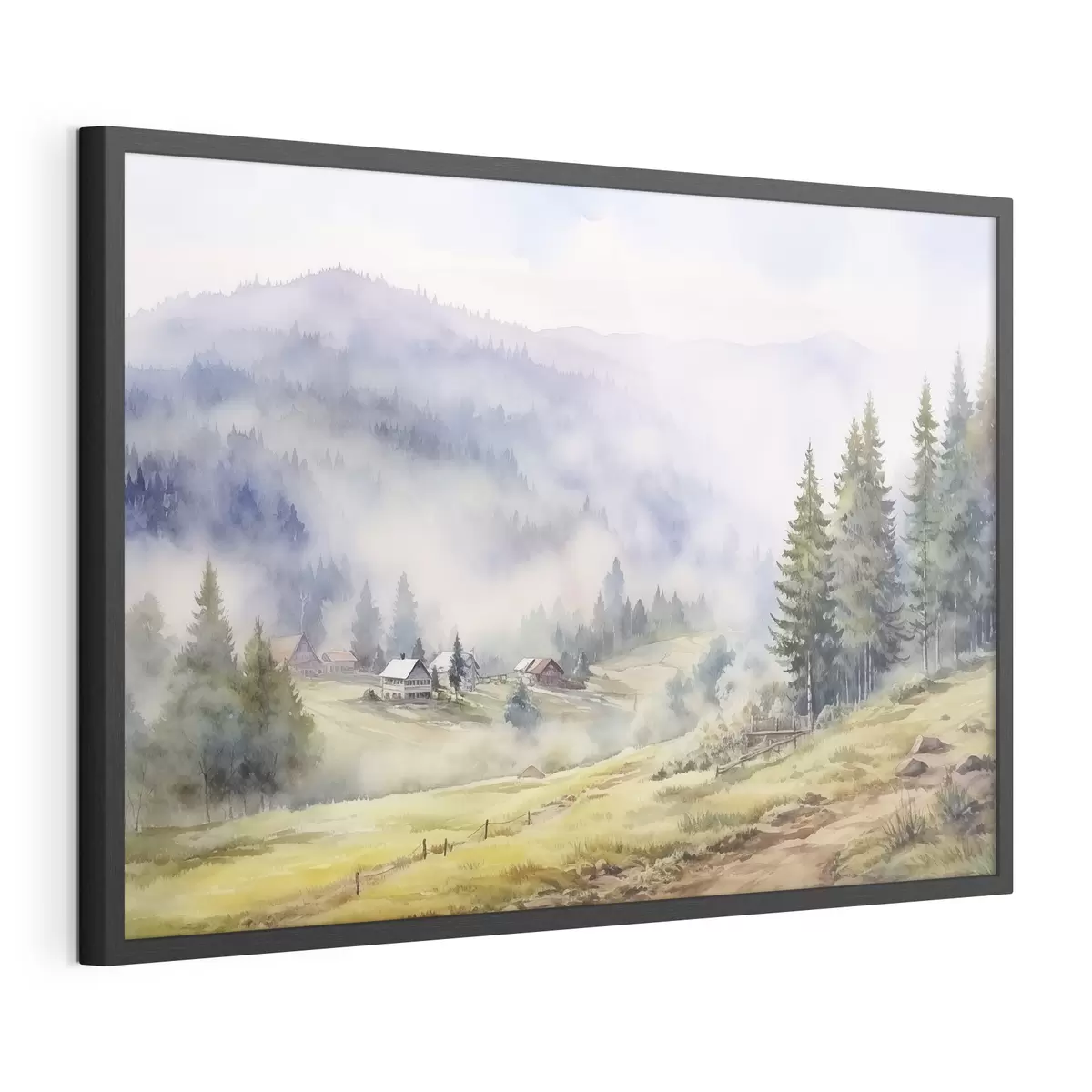 Poster Hermosas montañas, paisajes de bosques brumosos, acuarela, pueblo f41649
