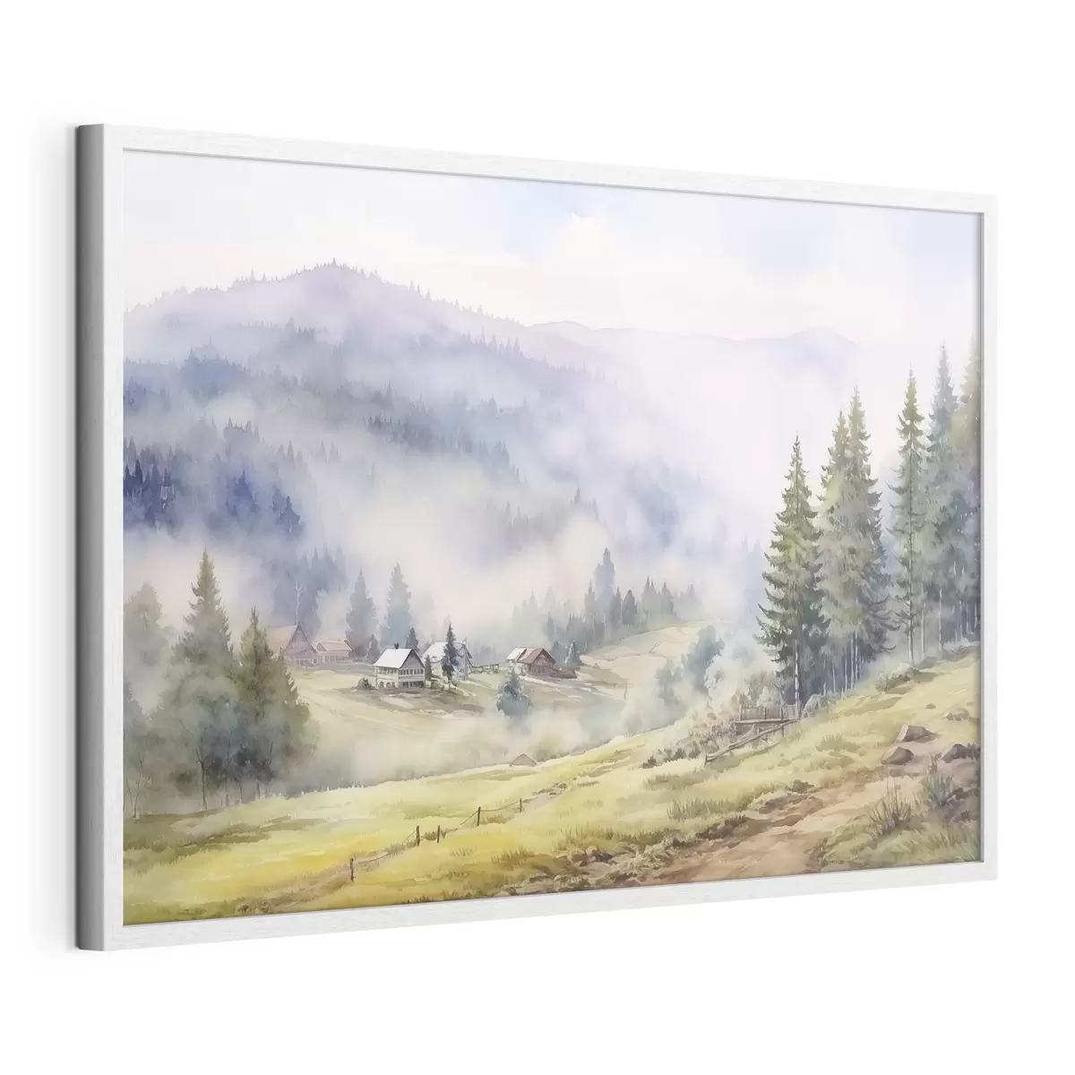 Poster Hermosas montañas, paisajes de bosques brumosos, acuarela, pueblo f41649