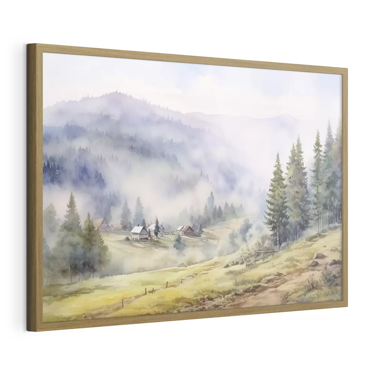 Poster Hermosas montañas, paisajes de bosques brumosos, acuarela, pueblo f41649