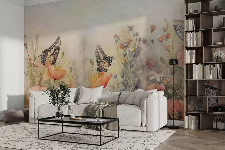 murales de pared Grandes mariposas en flores silvestres w01896