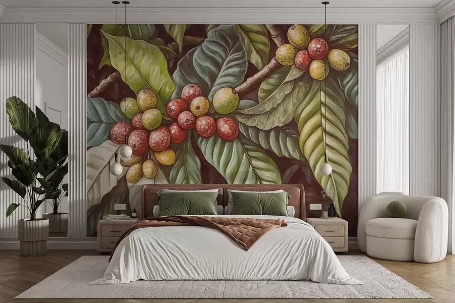 murales de pared Ramas de cafeto con frutas y elementos tropicales w02209