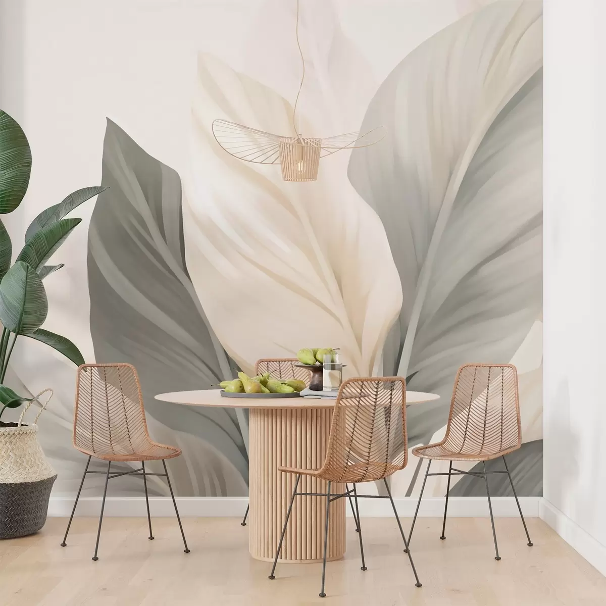 murales de pared Hojas beige y grises sobre fondo claro w02217