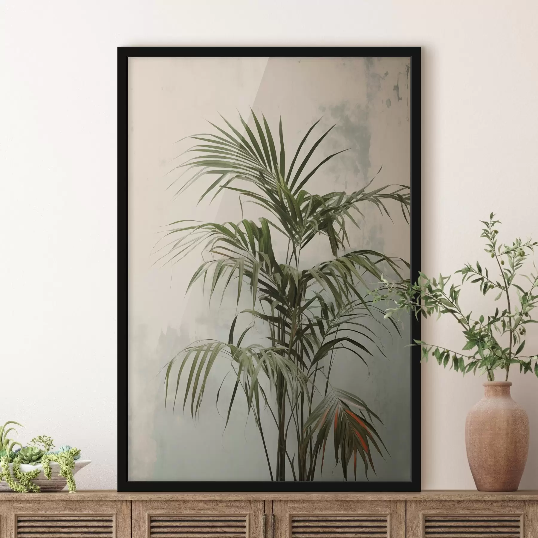 murales de pared Ramas de palmera contra una pared desgastada f41660