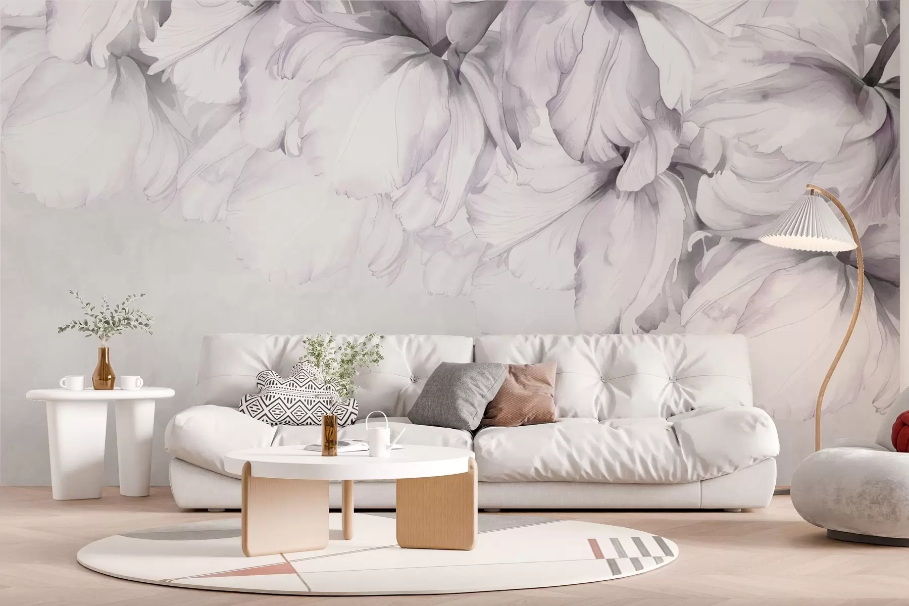 murales de pared Flores delicadas de color rosa claro sobre fondo gris w02280