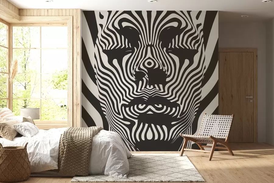 murales de pared Op art estilo enrejado con la cara abstracta, líneas onduladas sobre fondo de color claro w02285