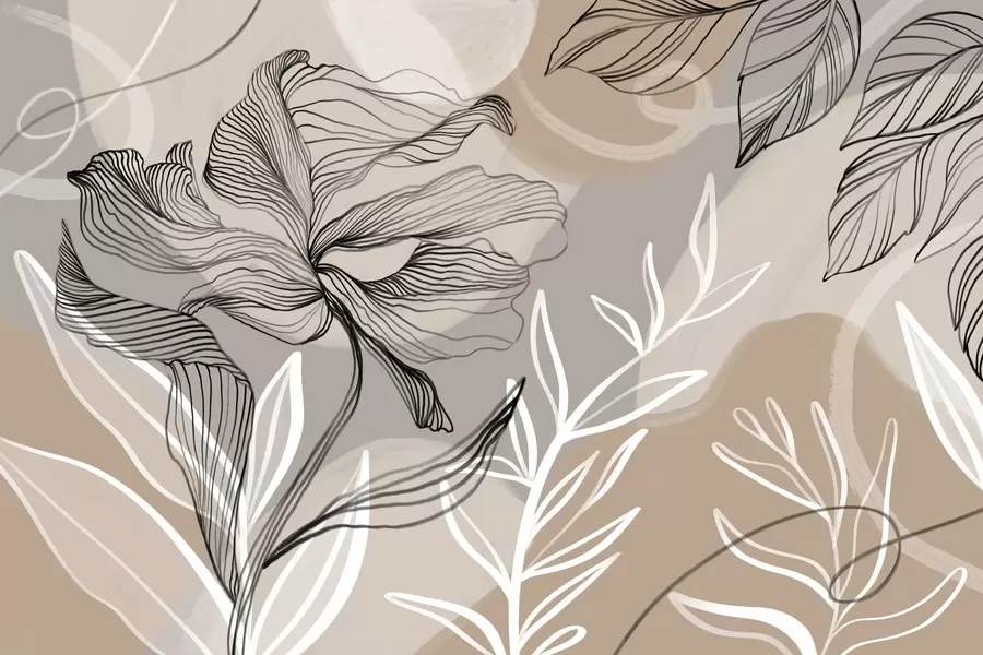 murales de pared Elegante estampado floral con grandes flores y hojas de líneas abstractas en tonos grises y beige sobre fondo claro w08413