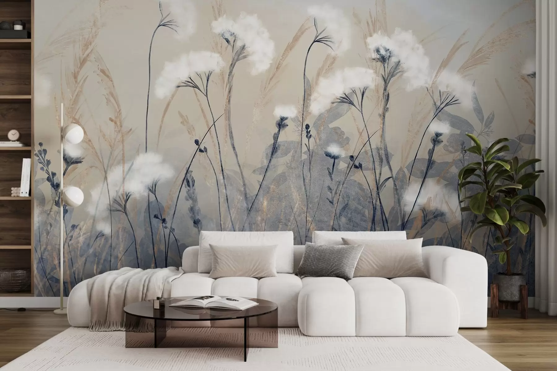 murales de pared Hierba de algodón blanca y esponjosa sobre un fondo de textura borrosa, con una atmósfera suave, brumosa y serena w08416