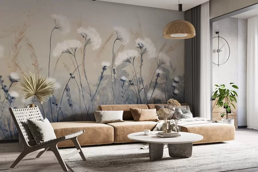 murales de pared Hierba de algodón blanca y esponjosa sobre un fondo de textura borrosa, con una atmósfera suave, brumosa y serena w08416
