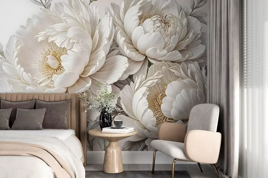 murales de pared Delicadas peonías blancas pastel con exuberante follaje sobre un fondo suave y neutro w08420