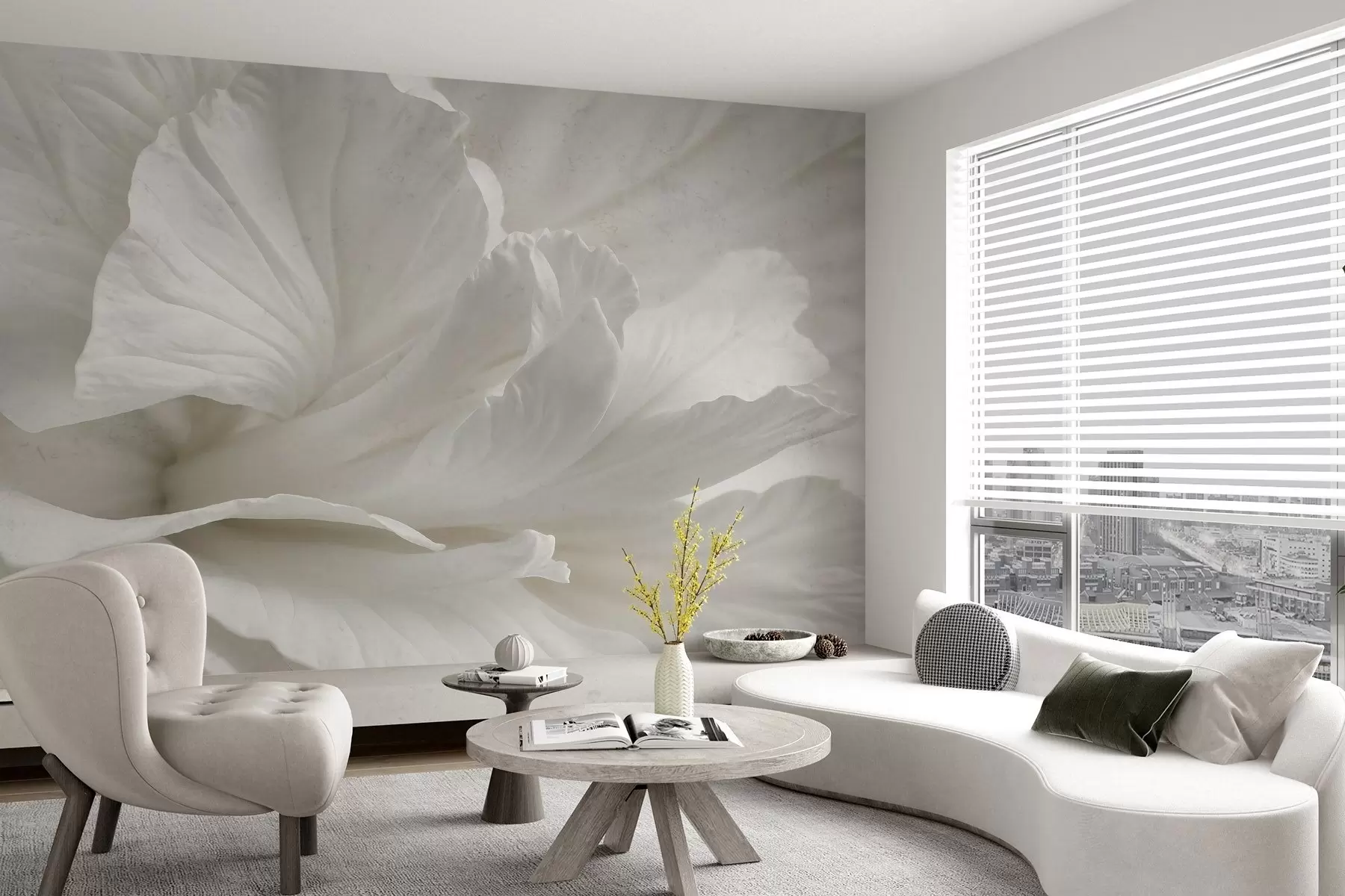 murales de pared Estampado minimalista abstracto de una delicada flor blanca con pétalos suaves y aterciopelados w08424