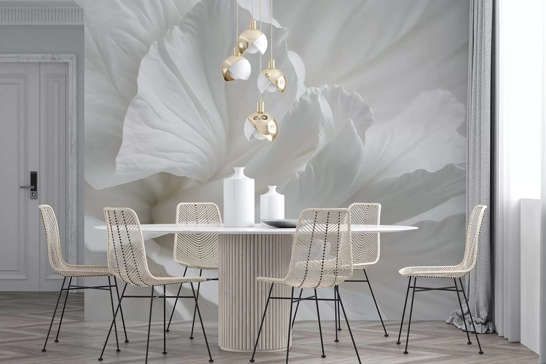 murales de pared Estampado minimalista abstracto de una delicada flor blanca con pétalos suaves y aterciopelados w08424