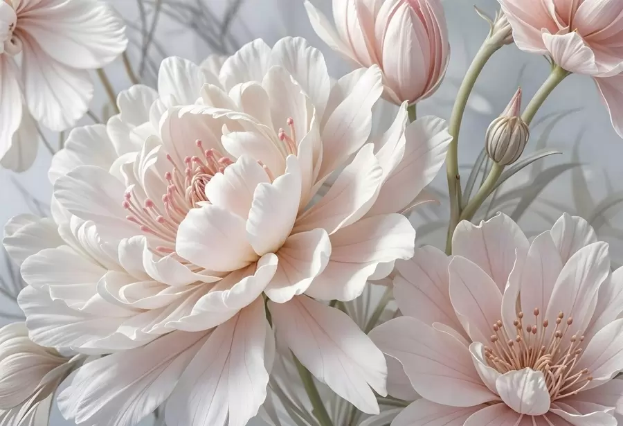murales de pared Grandes y delicadas flores de peonía blancas y rosas con pétalos suaves y esponjosos sobre un fondo gris difuminado w08427