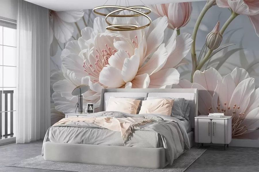 murales de pared Grandes y delicadas flores de peonía blancas y rosas con pétalos suaves y esponjosos sobre un fondo gris difuminado w08427