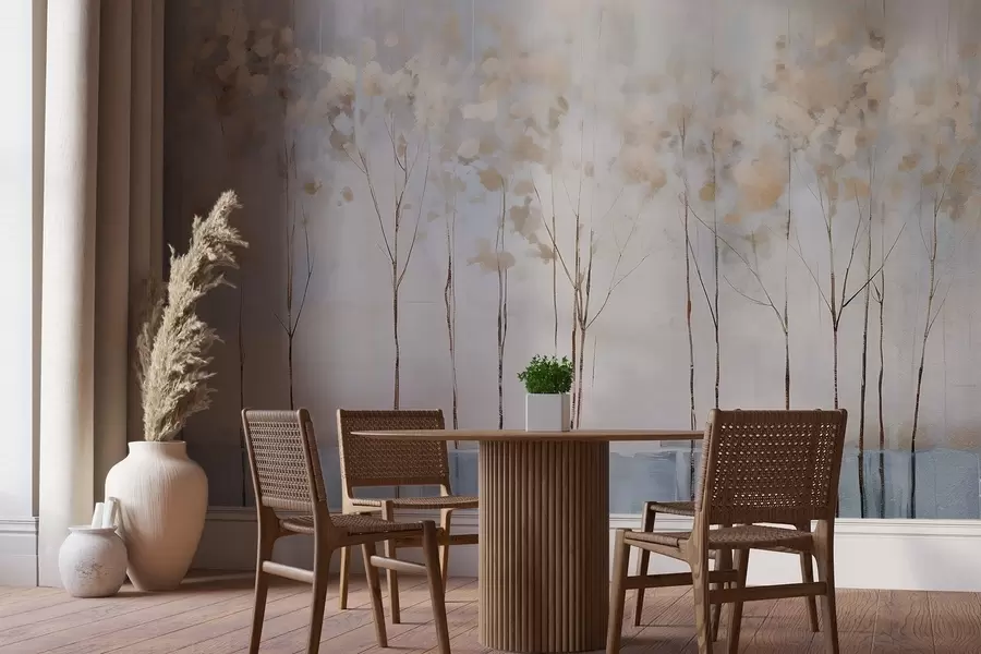 murales de pared Árboles desnudos en pastel abstracto borrosa paisaje minimalista de invierno con un fondo suave y brumoso w08430