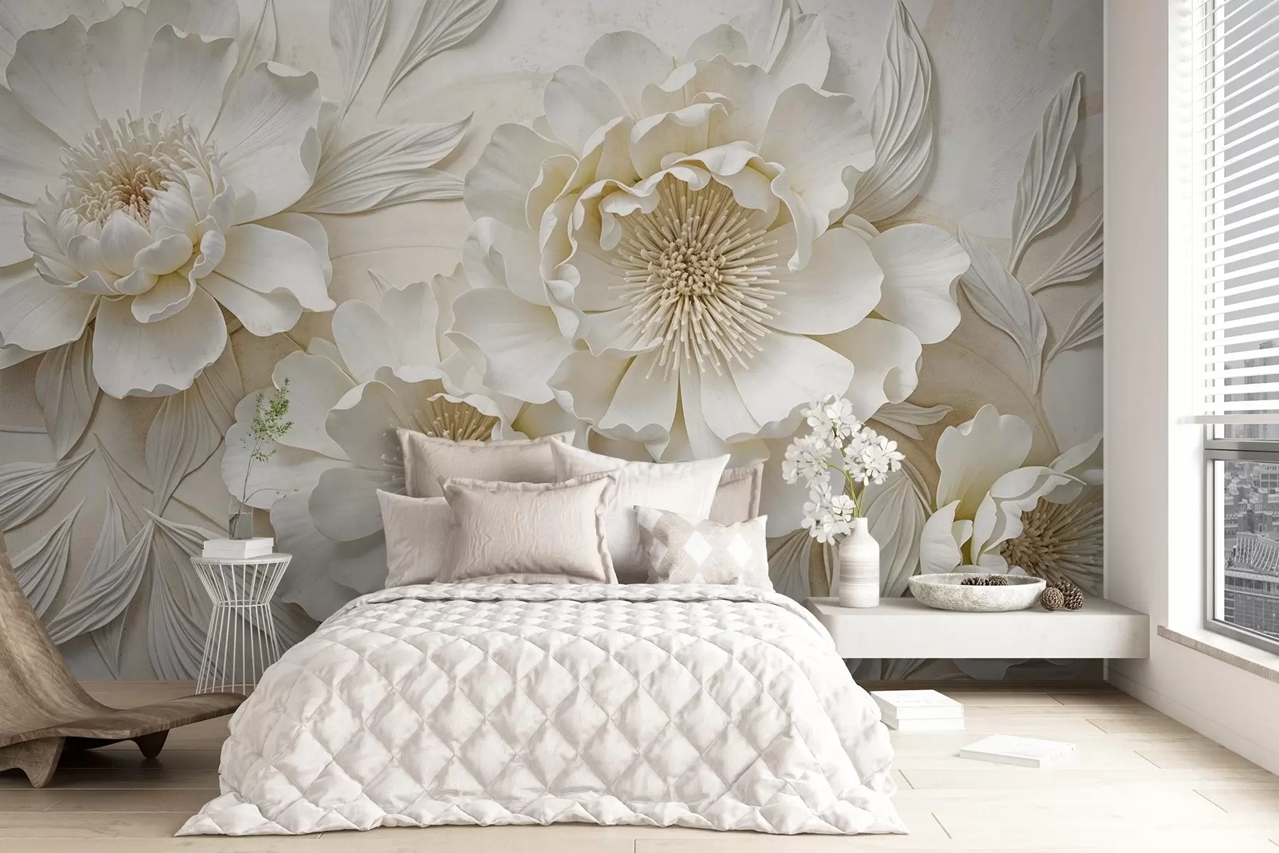 murales de pared Elegantes y voluminosas flores de imitación de peonía blanca con suaves pétalos y centros amarillo pastel, sobre un fondo claro w08431