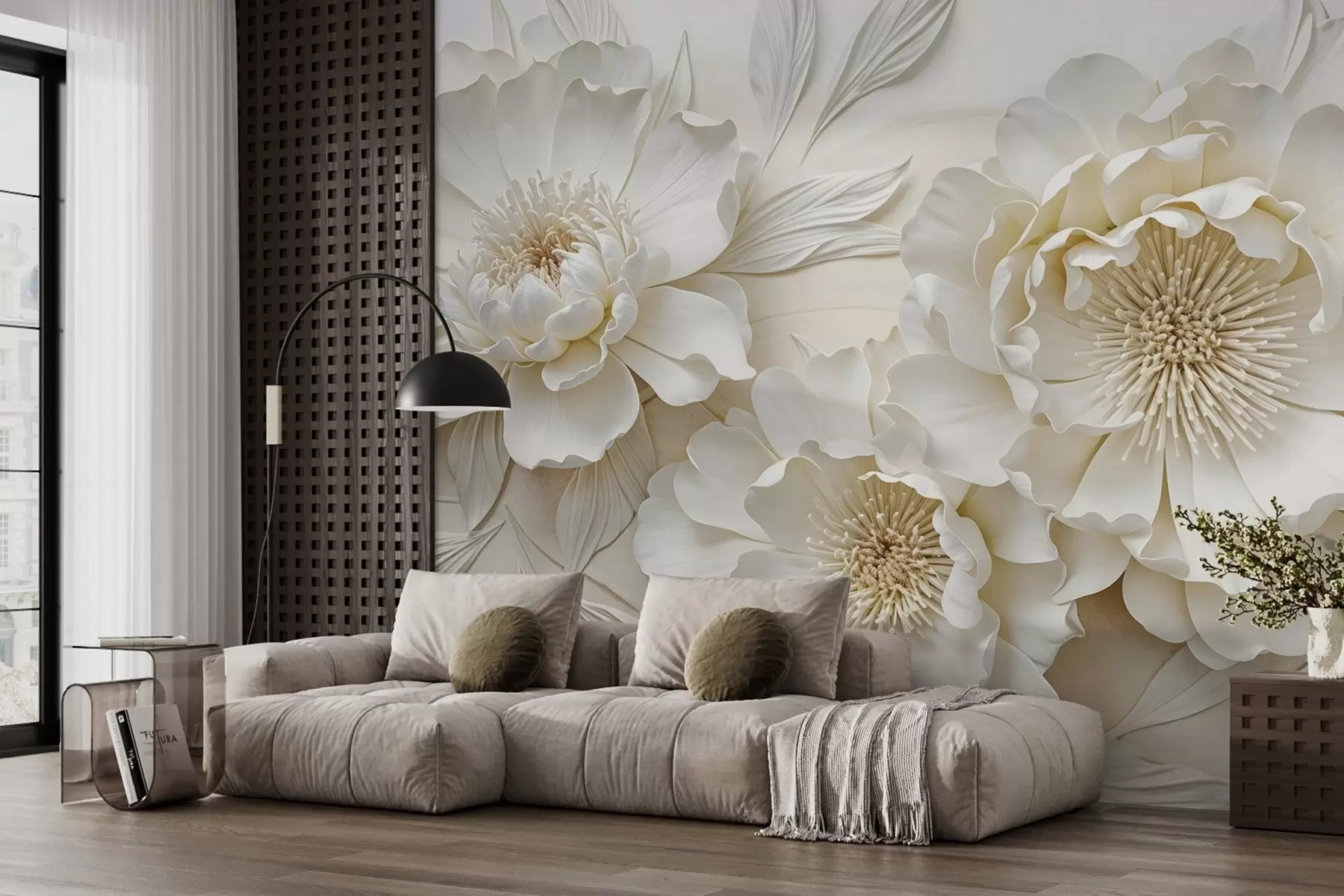 murales de pared Elegantes y voluminosas flores de imitación de peonía blanca con suaves pétalos y centros amarillo pastel, sobre un fondo claro w08431