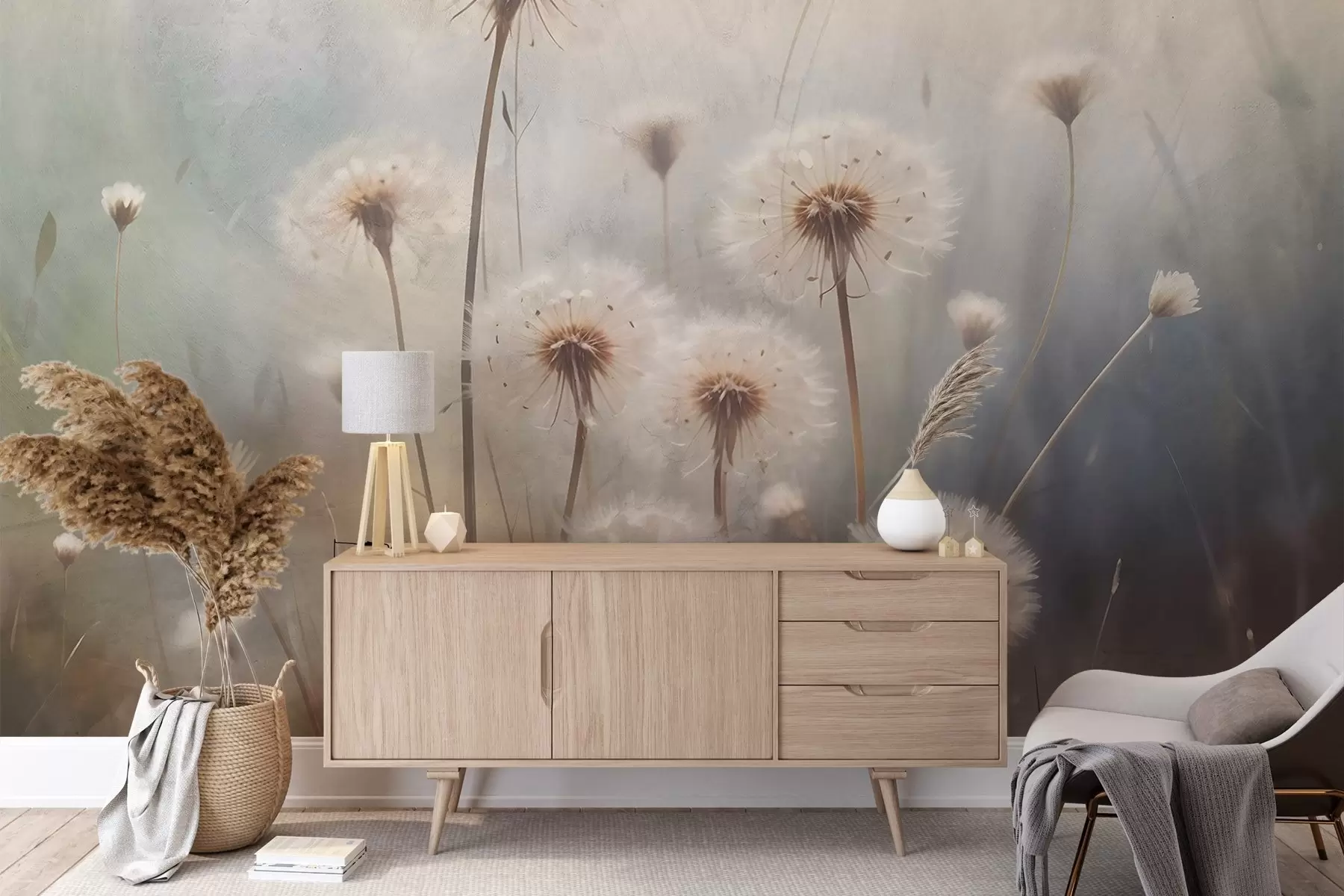 murales de pared Flores de diente de león suavemente enfocadas en un campo, con un fondo borroso de textura de color pastel w08432