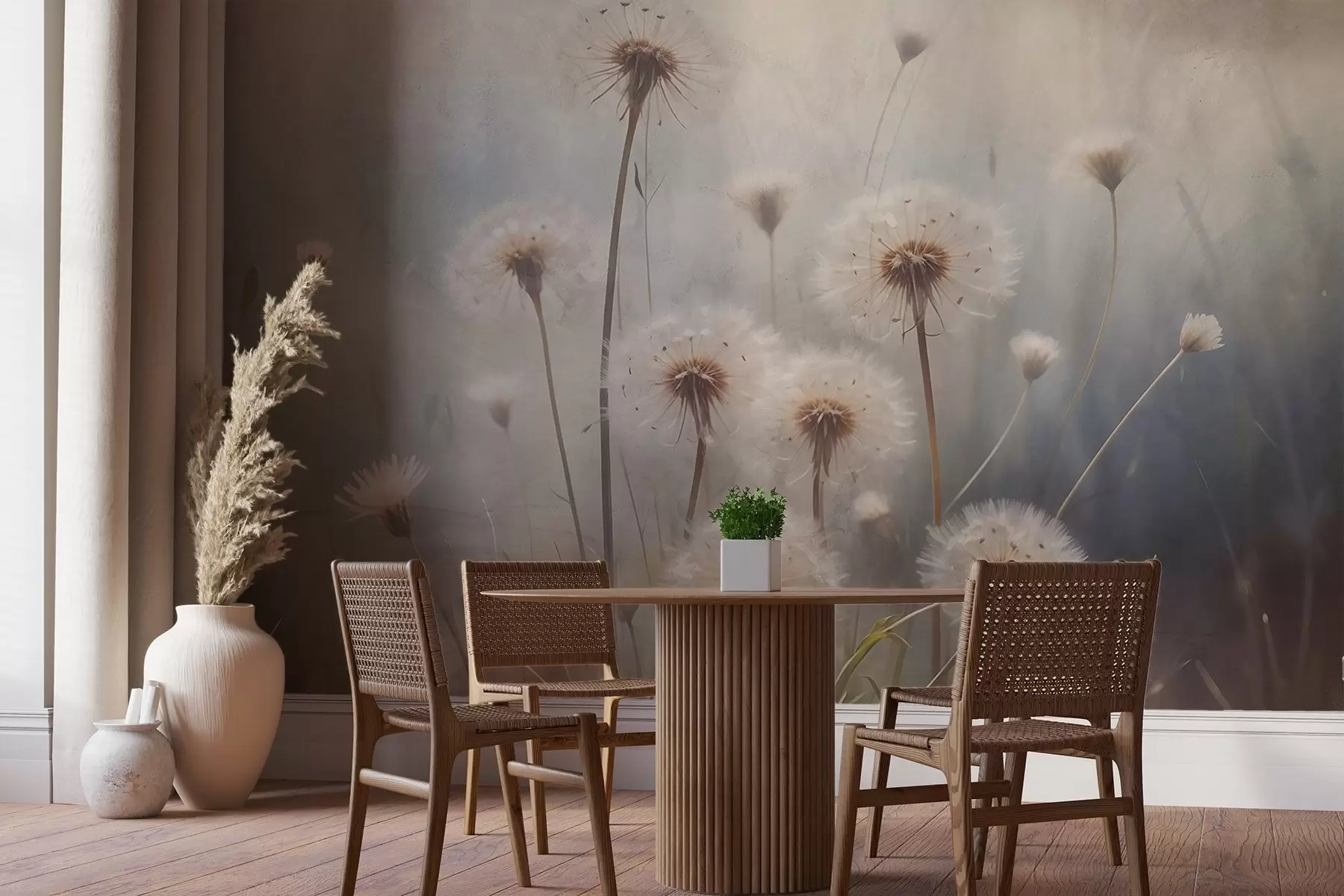 murales de pared Flores de diente de león suavemente enfocadas en un campo, con un fondo borroso de textura de color pastel w08432