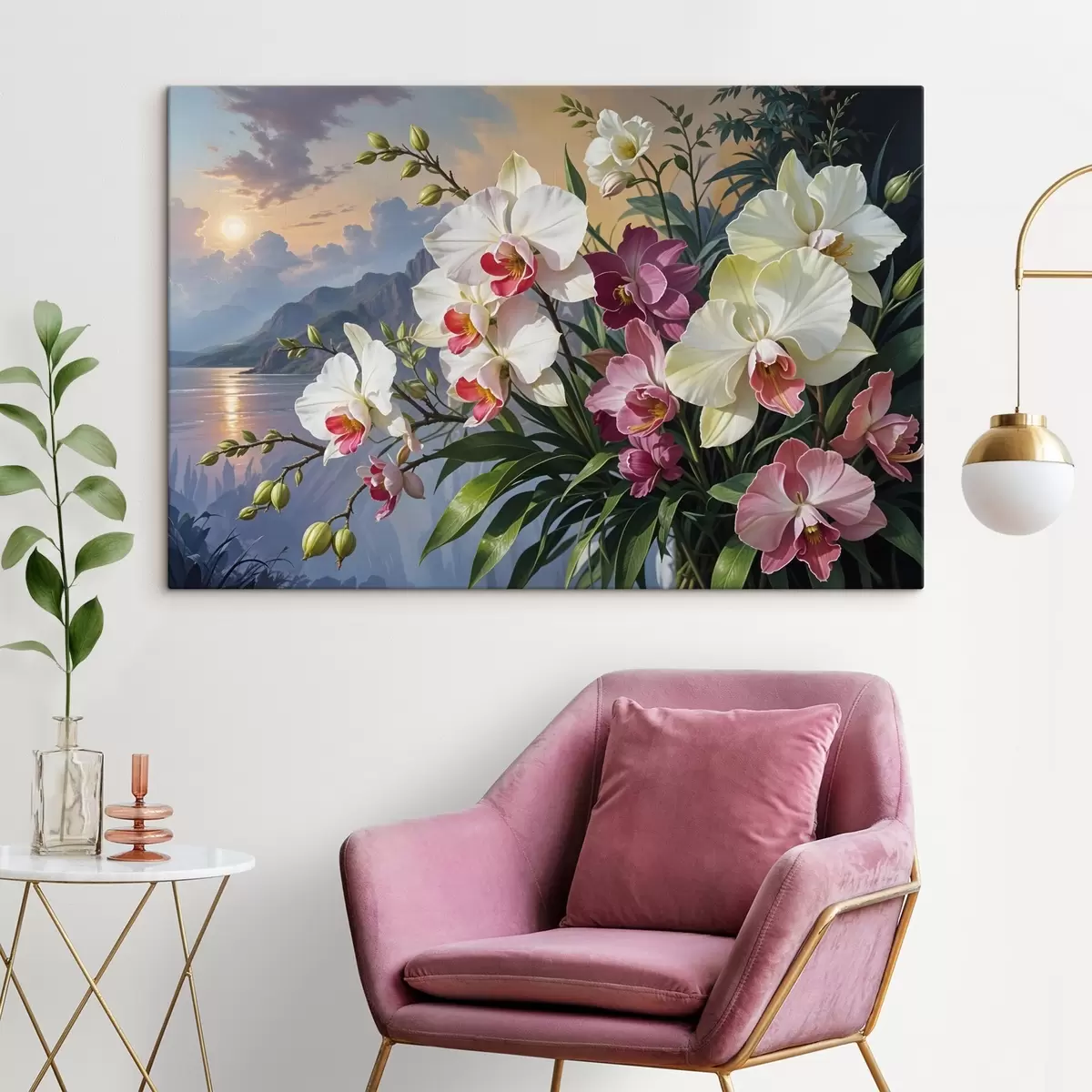 murales de pared Un vibrante ramo de flores tropicales con orquídeas y exuberante follaje verde sobre un fondo de paisaje marino s41713