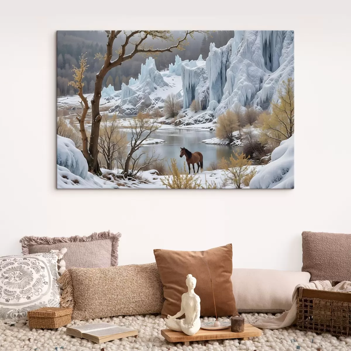 murales de pared Un paisaje invernal nevado con un lago helado, imponentes acantilados de hielo y un caballo de pie en primer plano s41716