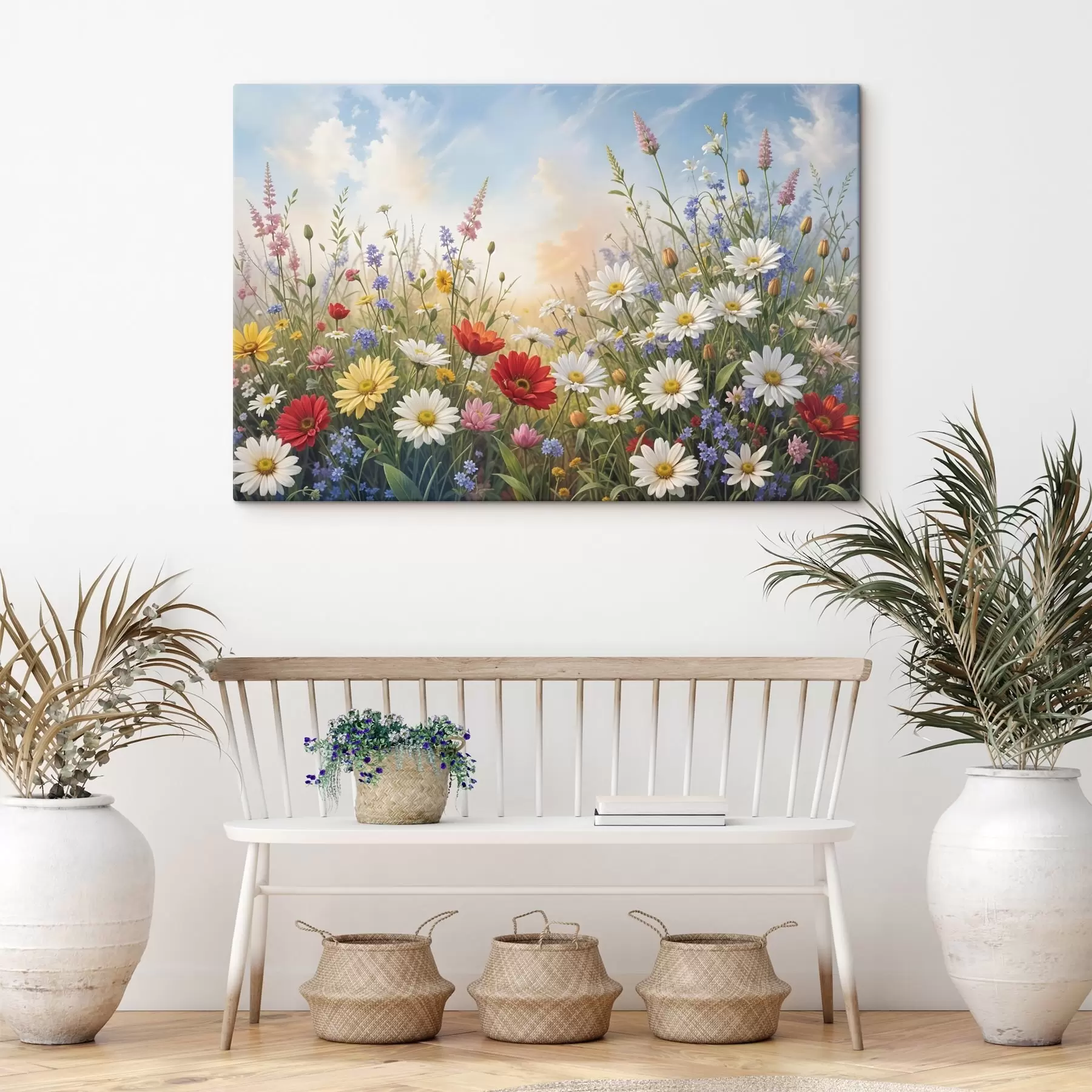 murales de pared Un campo de coloridas flores silvestres que incluye margaritas, amapolas y otras plantas en flor contra un cielo azul  s41725