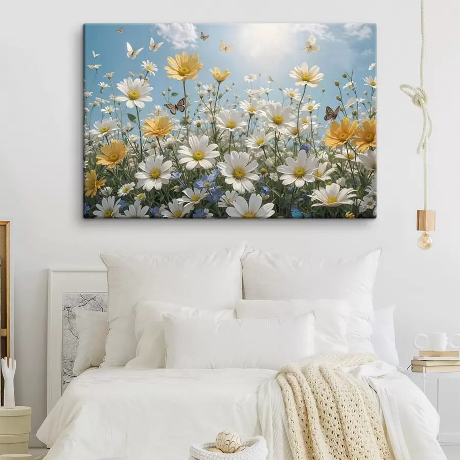 murales de pared Un campo de margaritas blancas y amarillas sobre un cielo azul con esponjosas nubes blancas y mariposas volando por encima s41726