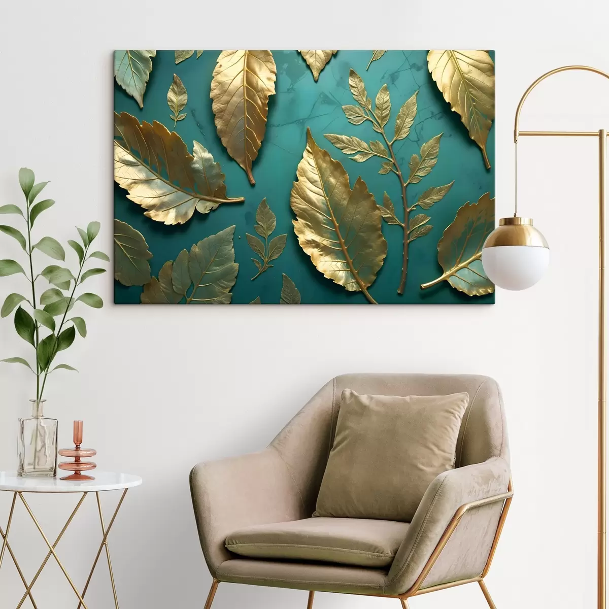 murales de pared Hojas delicadas amarillas sobre un fondo verde azulado, creando un elegante estampado botánico s41727