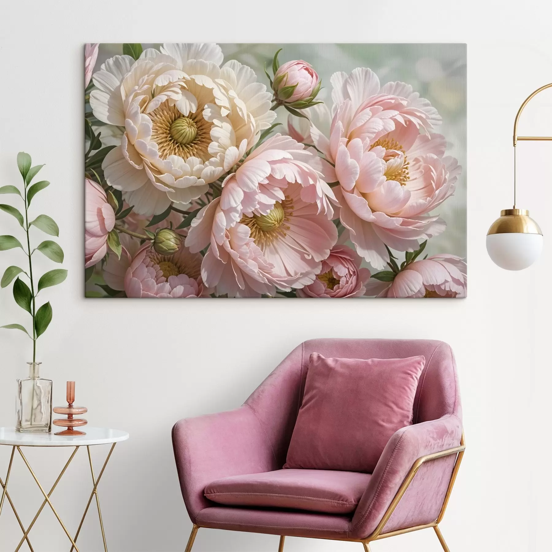 murales de pared Varias flores de peonía grandes y exuberantes con delicados pétalos en tonos rosa y blanco s41729