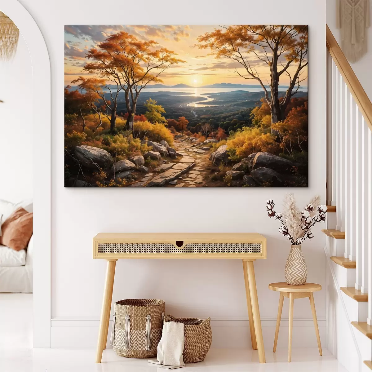 murales de pared Paisaje con un sinuoso camino de tierra que atraviesa un bosque de árboles de colores otoñales y un cielo al atardecer s41732