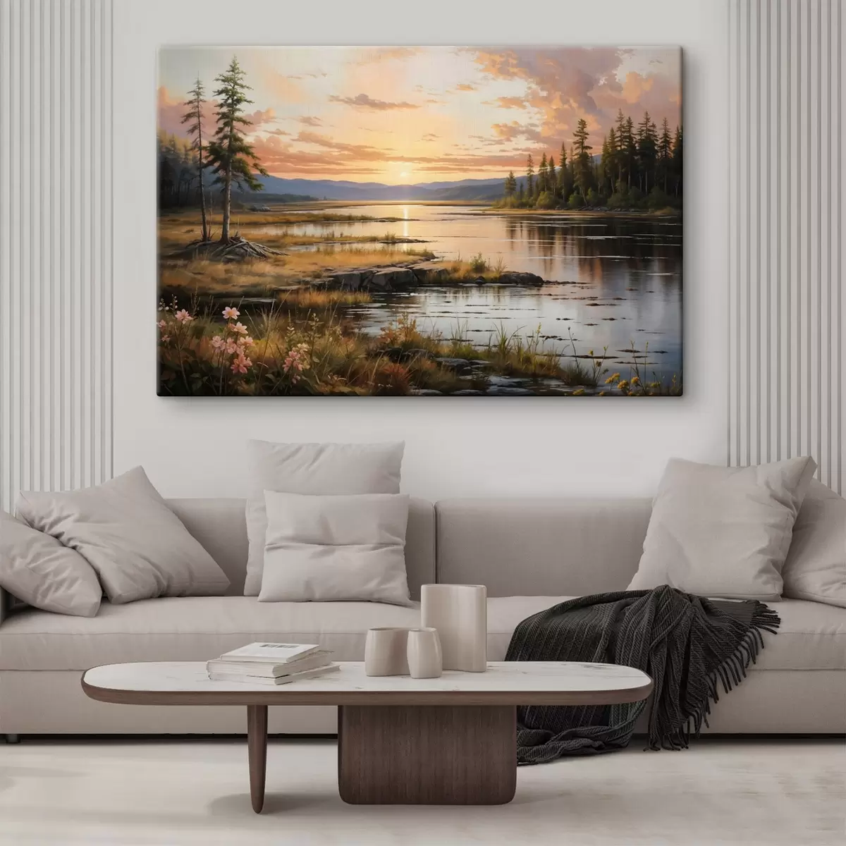 murales de pared Un paisaje sereno con un lago rodeado de pinos, que refleja los cálidos colores del cielo al atardecer s41733