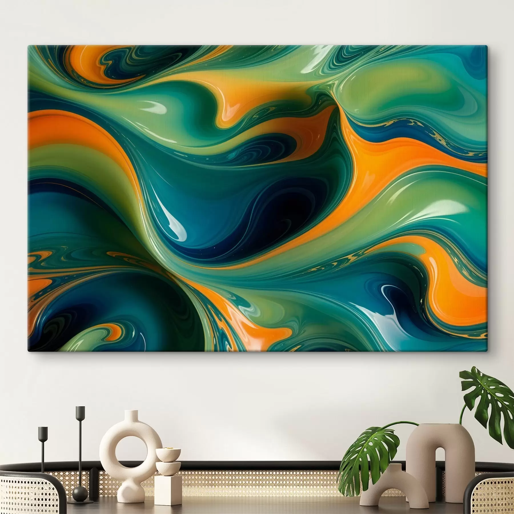 murales de pared Motivos abstractos arremolinados en tonos verdes, azules y naranjas con formas y texturas fluidas y orgánicas s41737