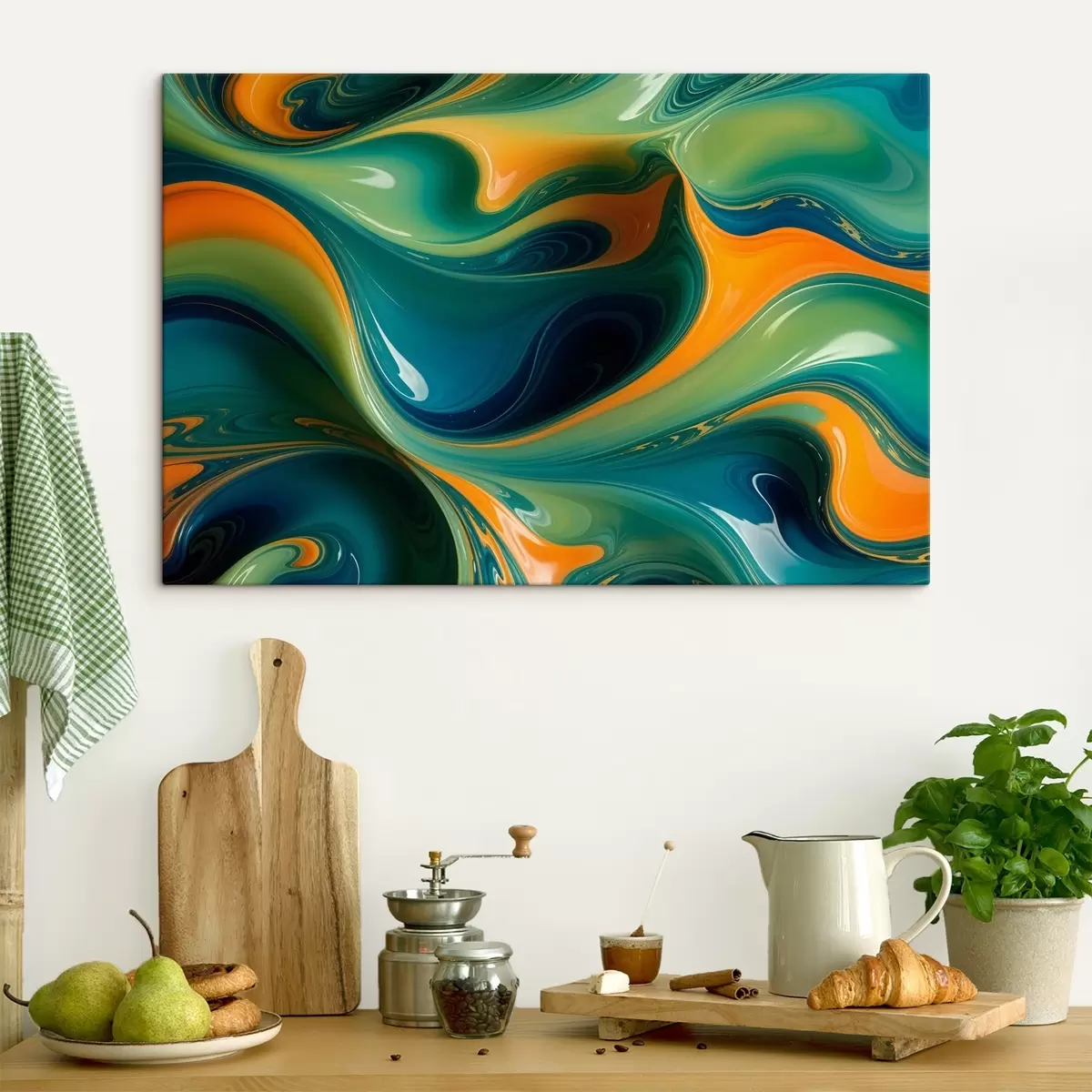 murales de pared Motivos abstractos arremolinados en tonos verdes, azules y naranjas con formas y texturas fluidas y orgánicas s41737