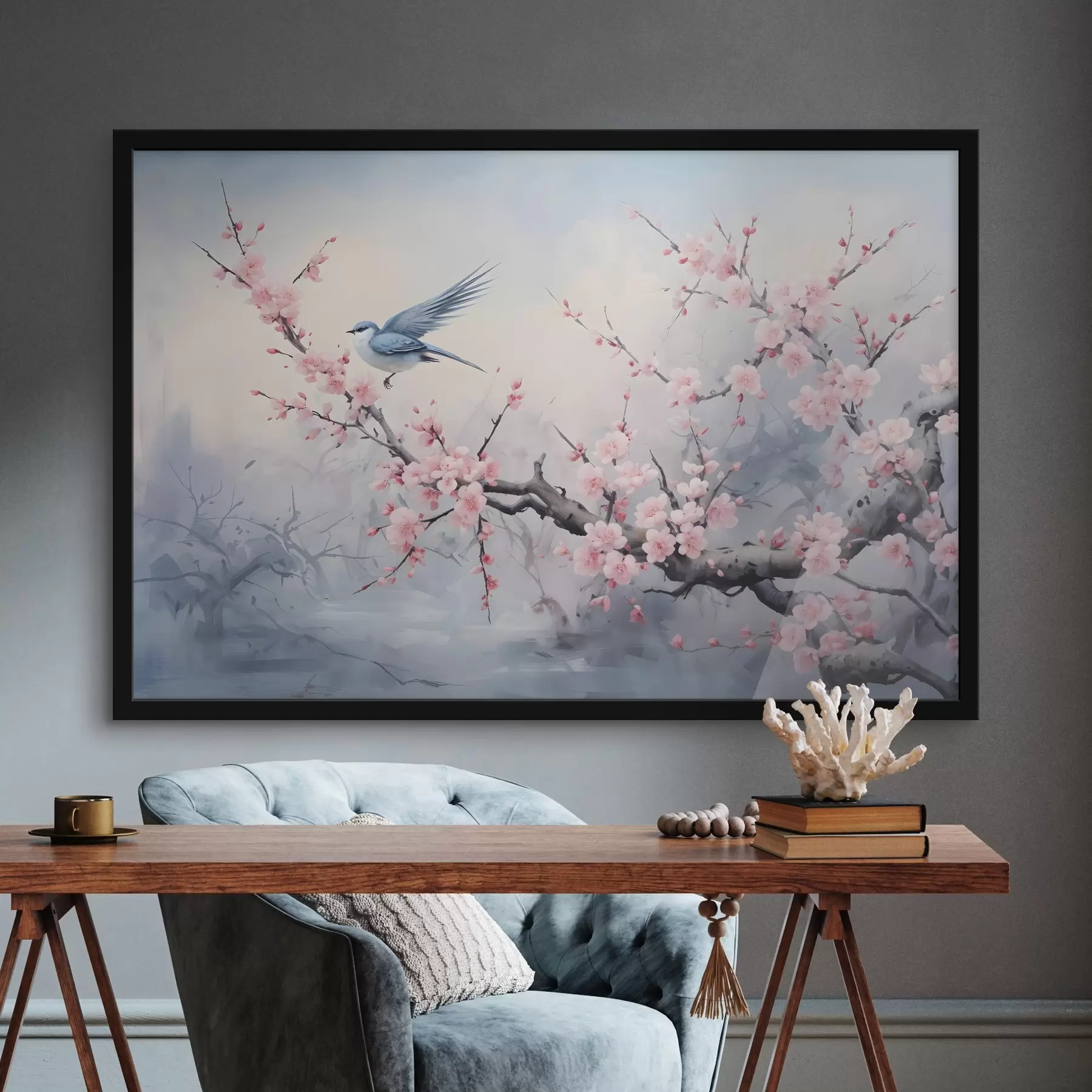 murales de pared Pájaro azul volando entre flores de cerezo rosa sobre un fondo apagado brumoso de primavera f41712