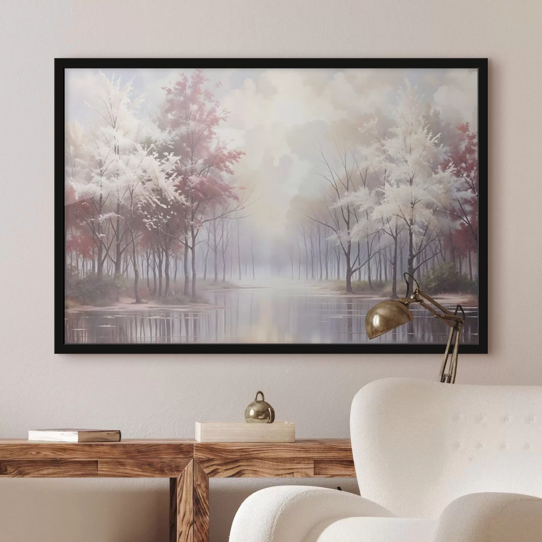 murales de pared Un paisaje sereno con un bosque brumoso, árboles desnudos y un lago tranquilo que refleja los suaves tonos rosas y blancos f41720